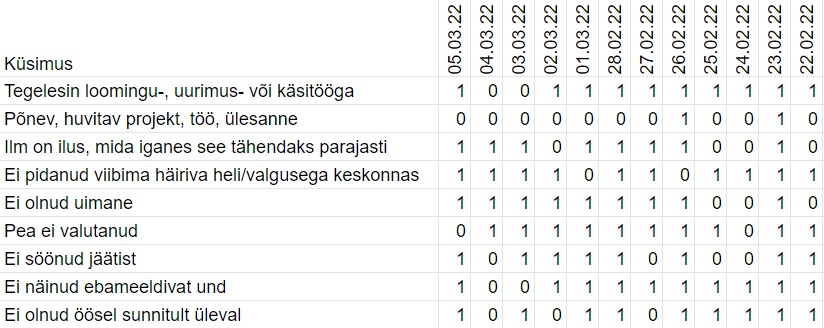 Näide küsimustest.